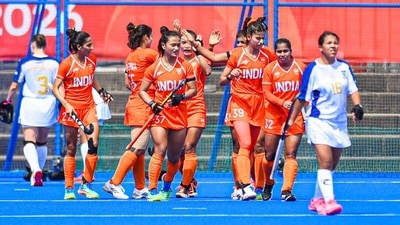 Indian women's hockey team wear saffron kits during their 19-0 win against Uzbekistan at the Asian Games 2026 (Hockey India)