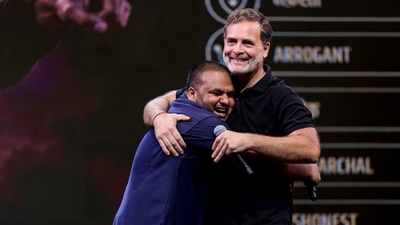 Leader of Opposition in the Lok Sabha Rahul Gandhi with comedian Pulkit Mani during the 'Chhatron ki Goonj' event, in Indore, Madhya Pradesh. (AICC) Leader of Opposition in the Lok Sabha Rahul Gandhi with comedian Pulkit Mani during the 'Chhatron ki Goonj' event, in Indore, Madhya Pradesh. (AICC)