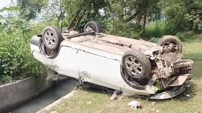 Police said efforts were underway to verify whether the victim was hit by the car during the crash early Saturday or he accidentally fell into that open drain. (HT Photo)