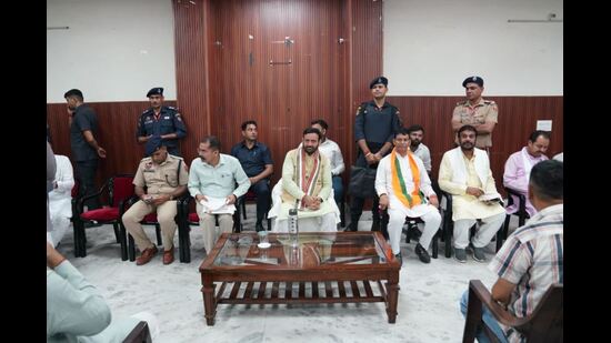 Chief minister Nayab Singh Saini presiding over a meeting in Kurukshetra on Sunday. (HT Photo)