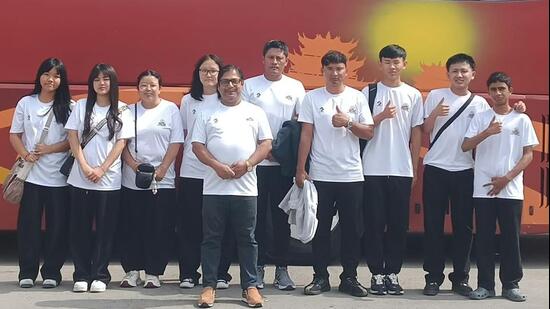 International master Atanu Lahiri (standing centre/captain) with the Bhutan team at the 2026 Fide Chess Olympiad in Samarkand. (FIDE)