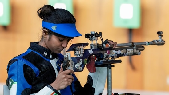 Elavenil Valarivan during the ten meter air rifle women individual qualification and team final shooting match in the ongoing Asian Games 2026 Elavenil Valarivan during the ten meter air rifle women individual qualification and team final shooting match in the ongoing Asian Games 2026