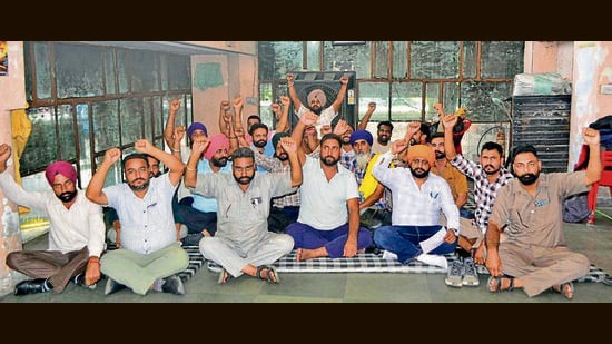 The workers at the depot in Ludhiana on Sunday. (Gurpreet Singh/HT)
