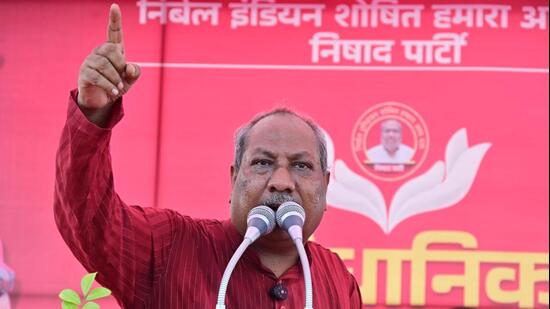 UP minister and Nishad Party chief Sanjay Nishad addressing party workers in Prayagraj on Sunday. (Anil K Maurya/HT Photo)