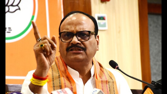 Uttar Pradesh deputy CM Brajesh Pathak addressing a press conference in Lucknow on September 20. (HT photo)