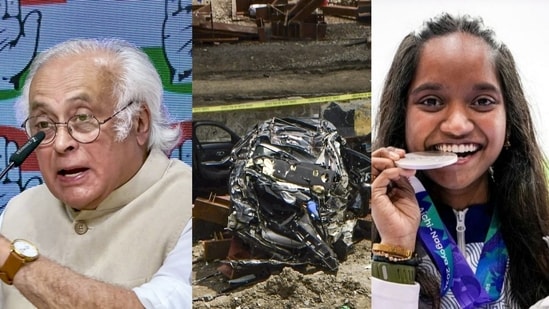 Congress's Jairam Ramesh takes a jibe over SIR; visuals of a fatal BMW crash in Mumbai emerge; Elavenil Valarivan clinches a silver medal at the Asian Games.(PTI Photos)
