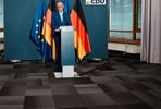 German Chancellor Friedrich Merz speaks to media at the Christian Democratic Union party headquarters in Berlin, Germany,