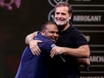 Leader of Opposition in the Lok Sabha Rahul Gandhi with comedian Pulkit Mani during the 'Chhatron ki Goonj' event, in Indore, Madhya Pradesh.
