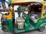 A view of the damaged auto-rickshaw kept at Sarita Vihar Police Station following the accident.