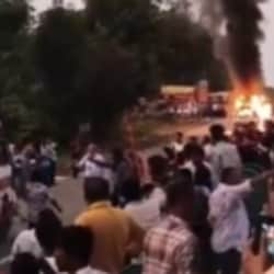 The driver fled the scene immediately after the crash, sparking intense anger among nearby locals and fellow pilgrims, who set the vehicle on fire. (Screengrab)