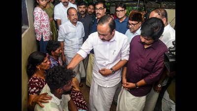 Chief minister VD Satheesan on Monday meets relatives of one of those killed in the flash flood at Pookuttumpadam. (PTI) Chief minister VD Satheesan on Monday meets relatives of one of those killed in the flash flood at Pookuttumpadam. (PTI)