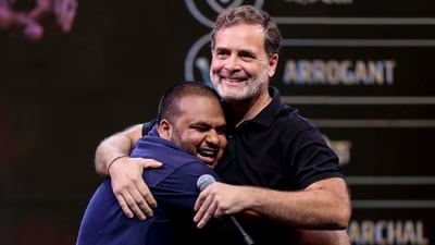Leader of Opposition in the Lok Sabha Rahul Gandhi with comedian Pulkit Mani during the 'Chhatron ki Goonj' event, in Indore, Madhya Pradesh. (AICC) Leader of Opposition in the Lok Sabha Rahul Gandhi with comedian Pulkit Mani during the 'Chhatron ki Goonj' event, in Indore, Madhya Pradesh. (AICC)
