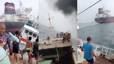 Giant cargo ship hits fishing boat; crew scramble for survival in shocking video Giant cargo ship hits fishing boat; crew scramble for survival in shocking video