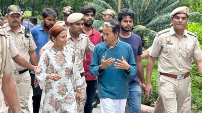 Activist Sonam Wangchuk, with his wife Gitanjali J Angmo, visits Rajghat to pay tributes to Mahatma Gandhi on July 27, 2026. (Raj K Raj/Hindustan Times)