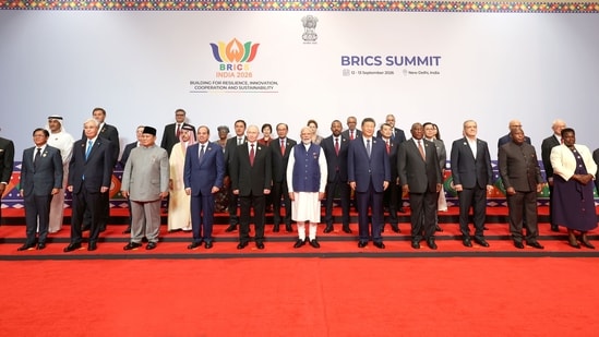 New Delhi, India � September 13, 2026: Heads of delegations, including Kazakh President Kassym-Jomart Tokayev, Indonesian President Prabowo Subianto, Egyptian President Abdel Fattah El-Sisi, Russian President Vladimir Putin, Indian Prime Minister Narendra Modi, Chinese President Xi Jinping, South African President Cyril Ramaphosa, Iranian President Masoud Pezeshkian, Burundian President �variste Ndayishimiye, Saudi Foreign Minister Prince Faisal bin Farhan Al Saud, Uzbek Deputy Prime Minister Jamshid Kuchkarov, Malaysian Prime Minister Anwar Ibrahim, Ethiopian Prime Minister Abiy Ahmed Ali and Vietnamese Prime Minister Le Minh Hung, pose for a family photo during the BRICS Summit 2026, in New Delhi, India, on Sunday, September 13, 2026. The gathering brings together leaders and representatives from BRICS member and partner countries to discuss global and regional issues and strengthen cooperation. (PMO Photo)