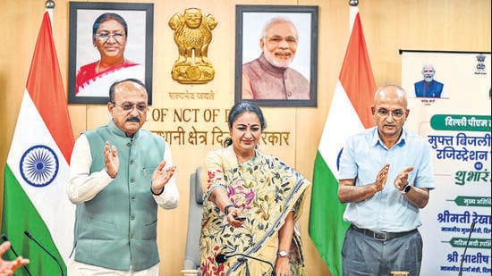 Chief minister Rekha Gupta and power minister Ashish Sood during the launch in New Delhi on Monday. (Sanchit Khanna/HT photo)