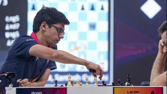 File picture of Dutch chess grandmaster Anish Giri playing for Alpine Pipers team in the Global Chess League 2026 final match in Bengaluru on September 13. (PTI)