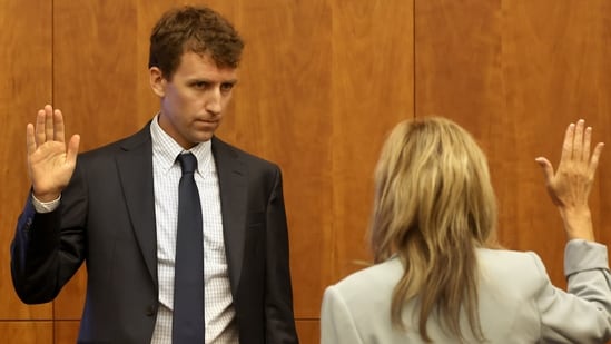 Patrick Clancy is sworn in during the Lindsay Clancy murder trial at Plymouth Superior Court in Plymouth, Mass., on Wednesday, July 29, 2026. (David L. Ryan/The Boston Globe via AP, Pool)