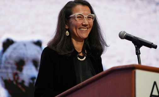 Democratic former U.S. Representative Mary Peltola, a candidate in the upcoming U.S. Senate election, speaks at a forum during the Alaska Oil & Gas Association (AOGA) annual conference in Anchorage, Alaska, U.S., August 27, 2026