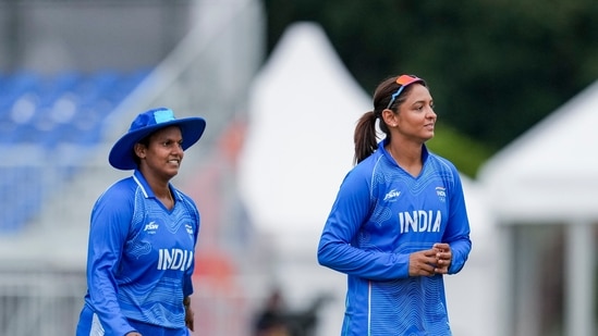 Harmanpreet Kaur and Deepti Sharma during the second semifinal T20I cricket match between India and Bangladesh.