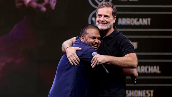 Leader of Opposition in the Lok Sabha Rahul Gandhi with comedian Pulkit Mani during the 'Chhatron ki Goonj' event, in Indore, Madhya Pradesh.