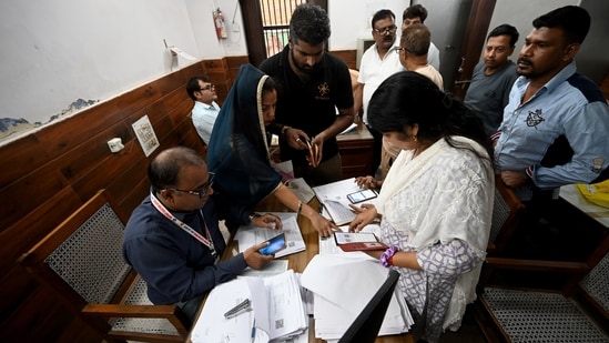 Voters at a Laxmi Devi School Sadar Bazar where a special intensive revision camp was held on Sunday