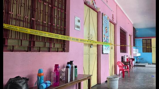 The corridor of Children’s Academy School in Lakhimpur Kheri where the shooting took place on Monday. (Sourced)