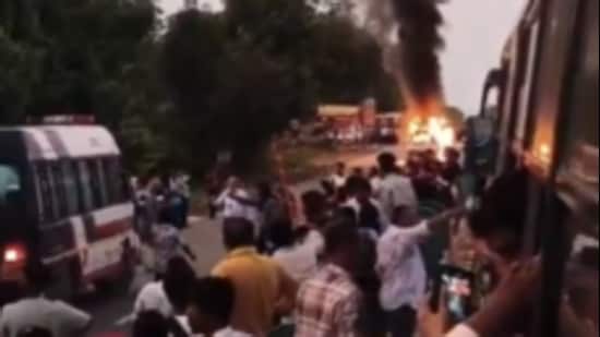 The driver fled the scene immediately after the crash, sparking intense anger among nearby locals and fellow pilgrims, who set the vehicle on fire. (Screengrab)