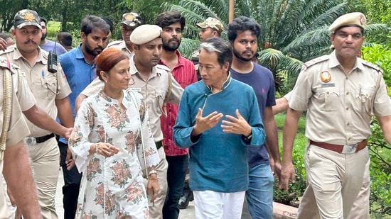 Activist Sonam Wangchuk, with his wife Gitanjali J Angmo, visits Rajghat to pay tributes to Mahatma Gandhi on July 27, 2026.