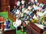 Bengaluru, Sep 21 (ANI): Karnataka Chief Minister DK Shivakumar addresses the special session to adopt a resolution against the Kasturirangan report, in Bengaluru on Monday.