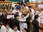 BJP legislators during their protest in J&K assembly in Srinagar on Monday. (PTI)