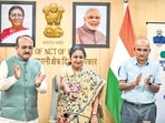 Chief minister Rekha Gupta and power minister Ashish Sood during the launch in New Delhi on Monday. (Sanchit Khanna/HT photo)