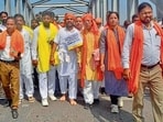 Congress councillor Gaurav Bhatti along with his supporters during the protest in Ludhiana on Monday. (Gurpreet Singh/ht)