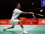 India's Lakshya Sen in action during his men's team quarter-final against Japan's Kodai Naraoka.(REUTERS)