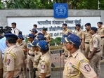 Heavy police security is deployed outside IIT-Bombay in Powai after the second-year student suicide case in Mumbai.
(HT Photo/Raju Shinde)
