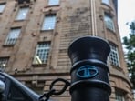 The Tata Group logo is displayed on a pedestrian safety pole near Bombay House, the Tata Group headquarters building, in Mumbai, India, 