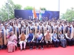 Kurukshetra BJP MP Naveen Jindal (sitting third from left) with members of the Indian contingent in Shanghai on the eve of the beginning of the Olympics of Skills. (HT Photo)