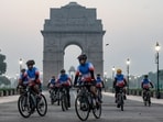 Gram it: Participants ride through the iconic India Gate during the final leg of the Indian Air Force (IAF)' Bicycle Expedition' from Kanyakumari to Kargil. 