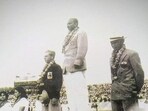 Sachin Nag on the podium in 1951 New Delhi inaugural Asian Games. (HT)