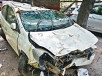The body was found on Sunday in the drain next to the crashed Renault Scala, raising suspicion that the man may have come in contact with the vehicle during the crash. (Sunil Ghosh/HT Photo)