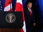 President Donald Trump arrives to sign a security agreement with Denmark's Prime Minister Mette Frederiksen and Greenland's Prime Minister Jens-Frederik Nielsen during the United Nations General Assembly, Tuesday,(AP Photo)