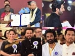 President Droupadi Murmu, Anant Nag, Kartik Aaryan, Mammootty, Sanjay Mishra, Randeep Hooda, Dhanush, Aditya Dhar and Yami Gautam Dhar at National Film Award ceremony in Gujarat