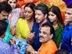 Shah Rukh Khan with wife Gauri Khan and daughter Suhana Khan at Lalbaugcha Raja Ganpati mandal. (Handout via PTI Photo) (PTI09_21_2026_000304B)