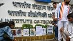 Congress workers held a candle protest outside the IIT-Bombay campus in Powai, Mumbai, which called for justice in the second-year student suicide case (HT Photo/Raju Shinde)