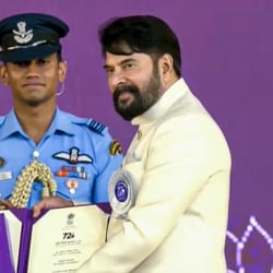 National Film Awards 2026 LIVE: President Droupadi Murmu confers award for Best Actor in a Leading Role on Mammootty for his performance in the Malayalam film 'Bramayugam' during the 72nd National Film Awards, at Kevadia, in Narmada district, Gujarat. (@PresidentOfIndia/YT via PTI Photo)(PTI09_22_2026_000317B)