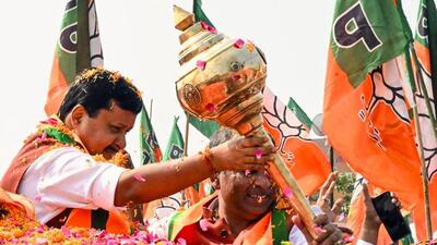 BJP national president Nitin Nabin holds a mace (Gada) as he receives a warm welcome from party workers, in Saharanpur on Tuesday. (ANI) BJP national president Nitin Nabin holds a mace (Gada) as he receives a warm welcome from party workers, in Saharanpur on Tuesday. (ANI)