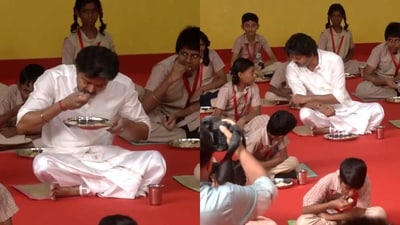 Tamil Nadu CM Vijay eats breakfast with students. Tamil Nadu CM Vijay eats breakfast with students.