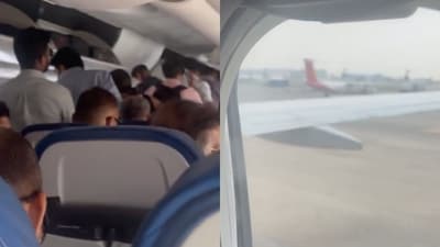 Sharing the video, the X user wrote in the caption, "Passengers are standing and flight running." (Screenshots from video (@Amitava35877067/X)) Sharing the video, the X user wrote in the caption, "Passengers are standing and flight running." (Screenshots from video (@Amitava35877067/X))