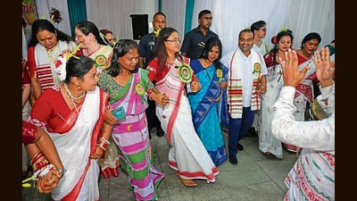 Jharkhand agriculture minister Shilpi Neha Tirkey takes part in Karam celebrations on Tuesday (HT PHOTO)
