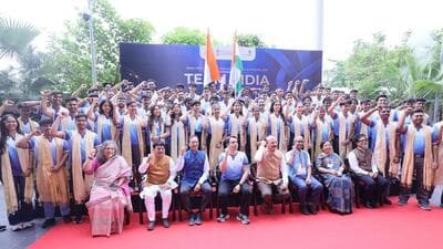 Kurukshetra BJP MP Naveen Jindal (sitting third from left) with members of the Indian contingent in Shanghai on the eve of the beginning of the Olympics of Skills. (HT Photo)
